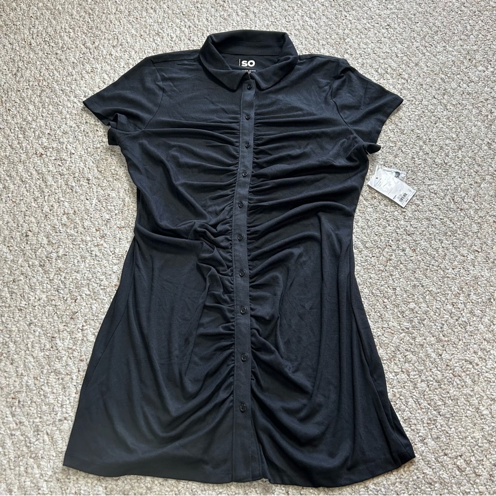SO NWT Black Luxe Shirred Ruched Dress Juniors XL Button Front Stretch Polo